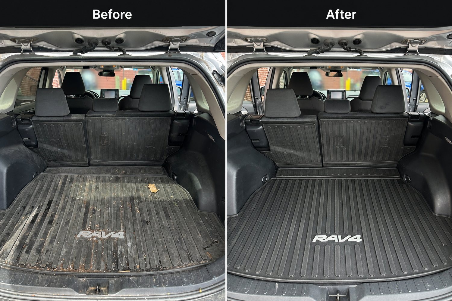 Cargo area mat and hatch detail before and after