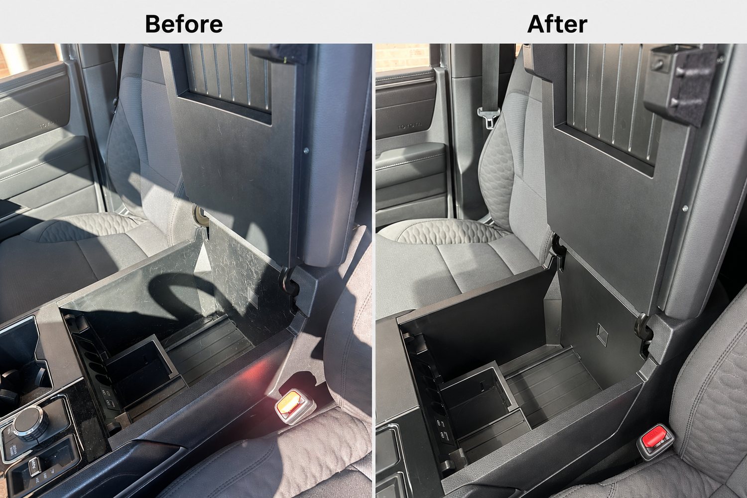 Cabin storage and rear console detail before and after